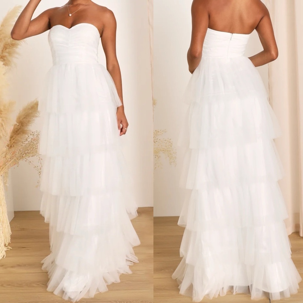 Phenomenal Passion White Tulle Pleated Strapless Maxi Dress